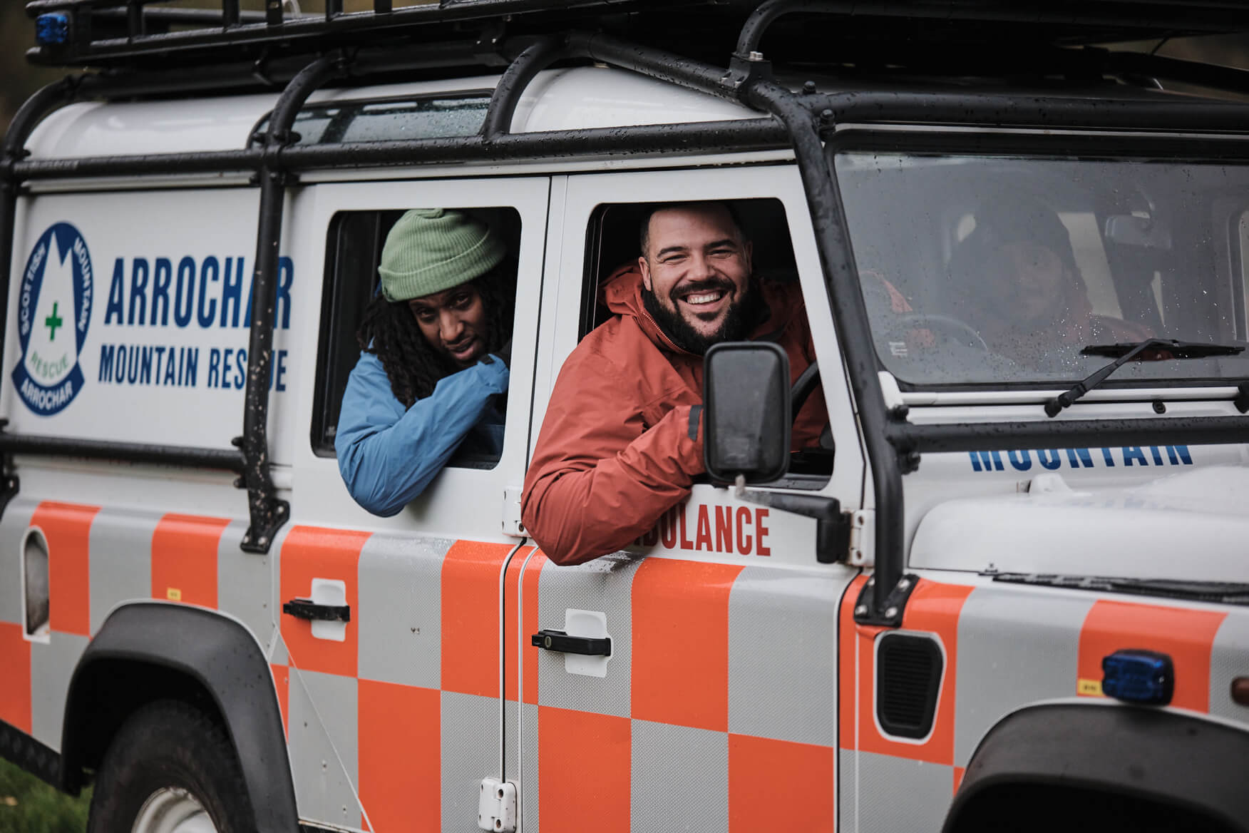 Two men in a rescue vehicle