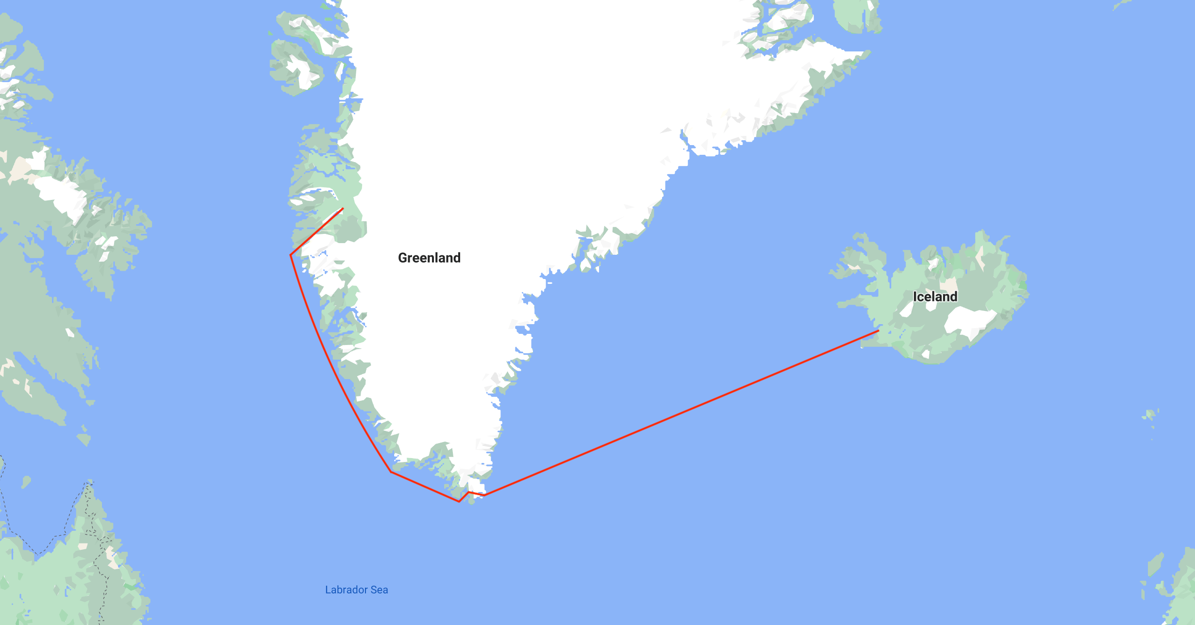 The 1300nm (2400km) route from Reykjavik to Kangerlussuaq.