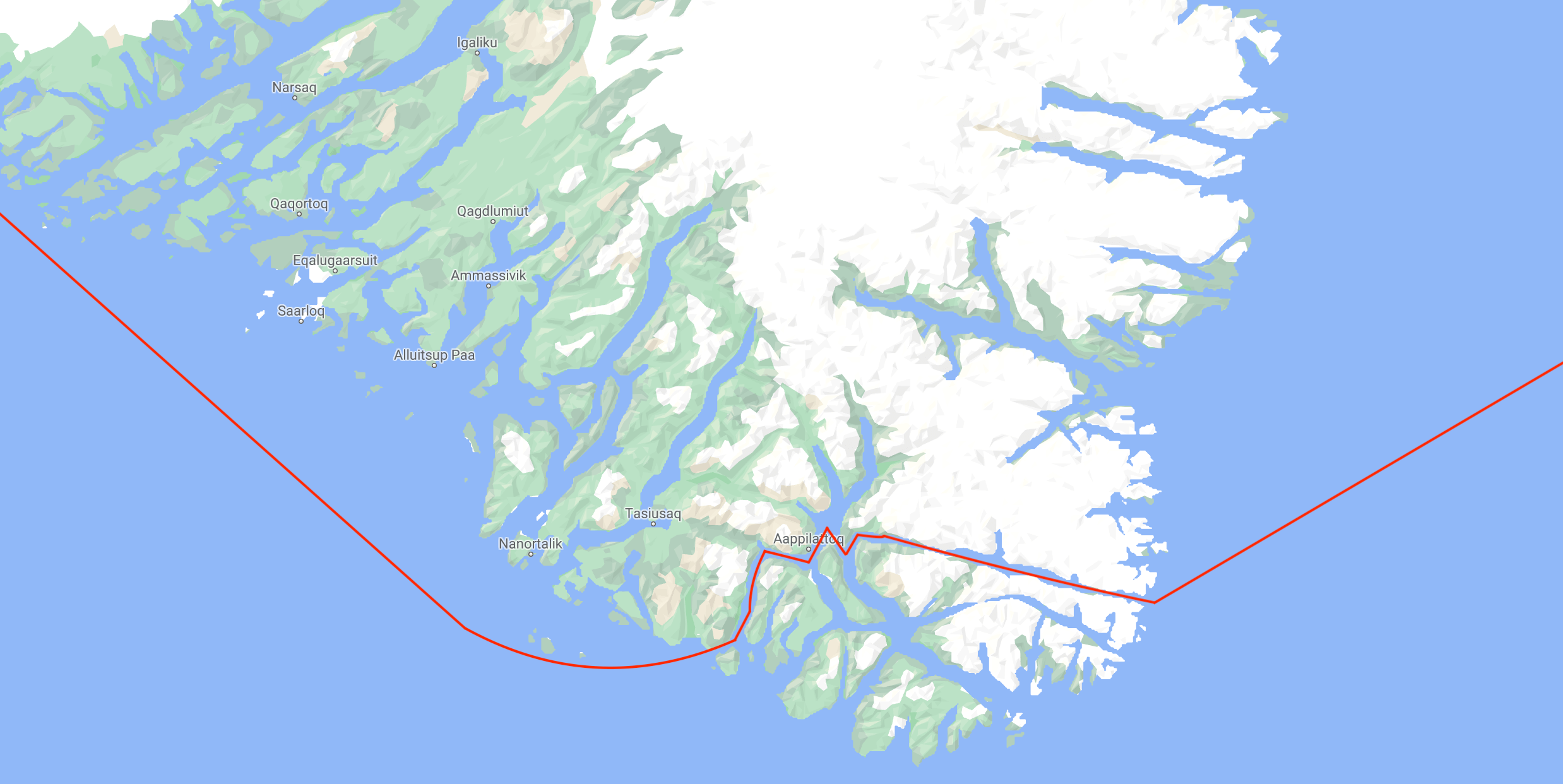Planned passage through Prince Christian Sound, depending on sea ice levels.