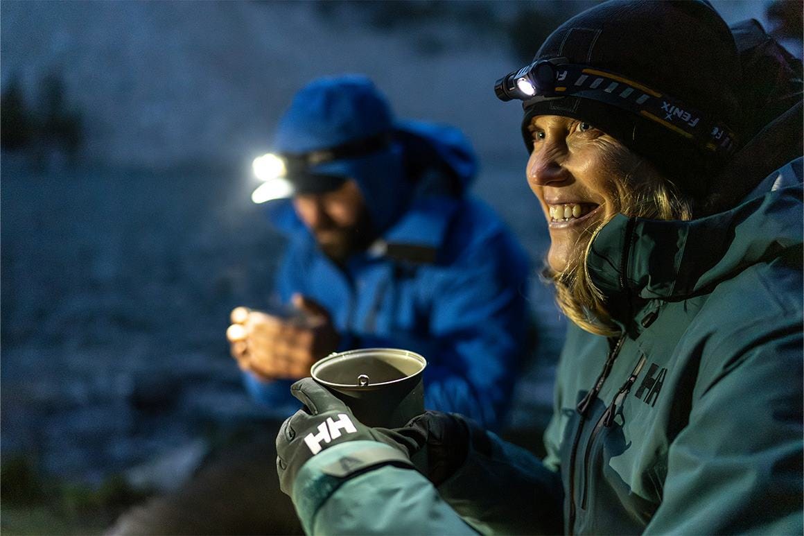 a man and woman drink coffee outside being sure to stay warm in a hat and gloves as the evening draws in