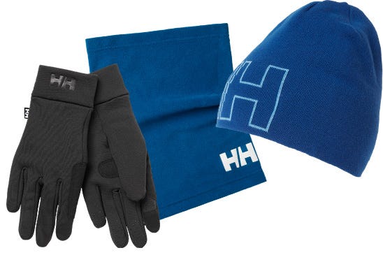 A selection of accessories (a pair of gloves, a neck gaiter and a beanie hat)